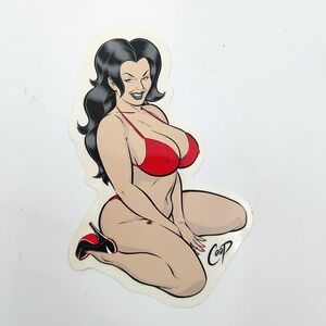 COOP Art Pinup Girl Sticker VTG Hot Rod Decal Red Bikini Brunette Devil Girl 90s